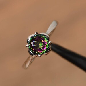 promise rings real mystic topaz rings rainbow gemstone round cut rings silver rings solitaire rings