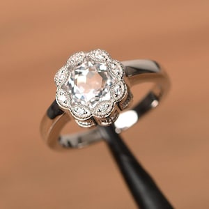 retro white topaz engagement ring sterling silver round cut floral wedding milgrain ring