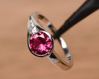 Lab ruby ring sterling silver for women round cut  red gemstone July birthstone ring