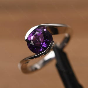 Round cut amethyst engagement sterling silver bypass minimalist ring February birthstone