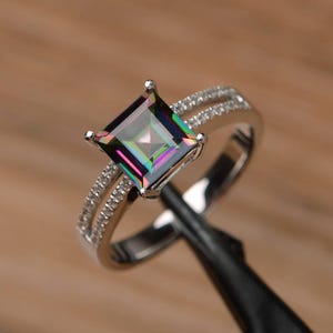 mystic topaz ring promise wedding ring square cut sterling silver ring rainbow gemstone