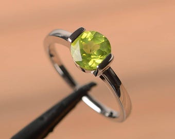 natural peridot ring anniversary ring August birthstone green gemstone sterling silver ring solitaire ring