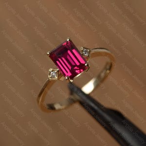 lab ruby ring emerald cut gemstone ring July birthstone ring yellow gold ring for her image 3