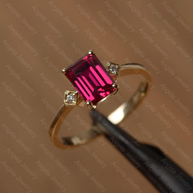 lab ruby ring emerald cut gemstone ring July birthstone ring yellow gold ring for her image 3