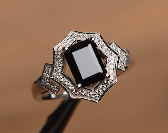 emerald cut wedding ring natural black spinel cocktail ring sterling silver anniversary gifts
