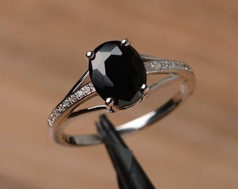 real black spinel ring oval cut white gold wedding ring for women