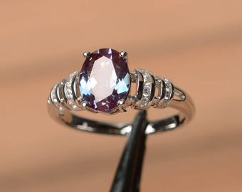 Oval Alexandrite Sterling Silver Ring - June Birthstone Wedding Ring