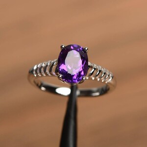 natural amethyst sterling silver engagement ring for women oval cut purple gemstone solitaire ring