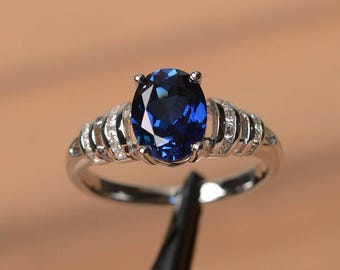 blue sapphire ring wedding ring September birthstone ring oval cut blue gemstone sterling silver ring