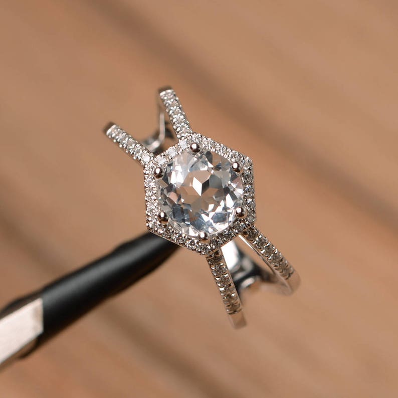 Natural white topaz ring round cut white gold anniversary ring | Etsy