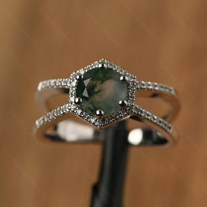 Unique split shank moss agate statement ring sterling silver round shaped promise ring