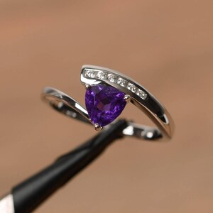 natural amethyst ring promise ring trillion cut purple gemstone sterling silver ring February birthstone