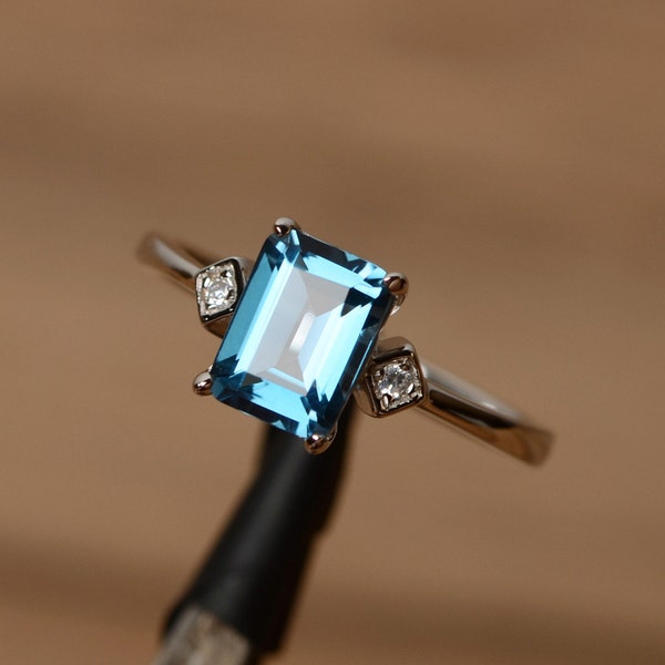 rectangle London blue topaz statement ring emerald cut simple November birthstone ring