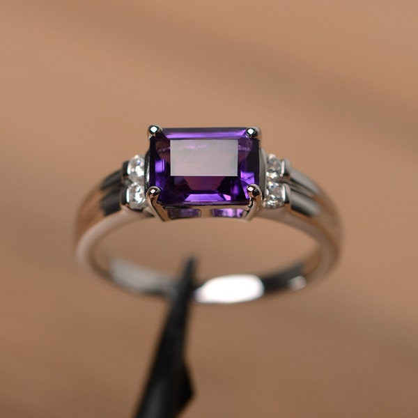 purple amethyst ring sterling silver emerald cut February birthstone