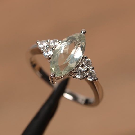 genuine natural green amethyst ring marquise cut sterling silver ring green gemstone ring