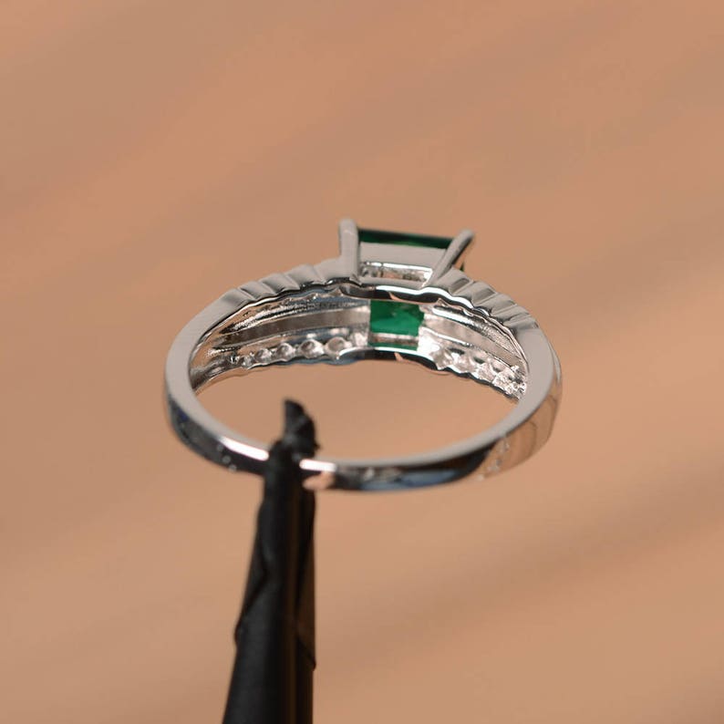 emerald ring promise ring May birthstone princess cut gems green gemstone sterling silver ring