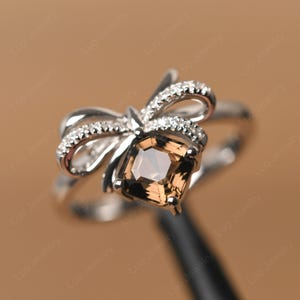 unique design smoky quartz ring asscher cut 6 mm sterling silver bowknot wedding ring for women