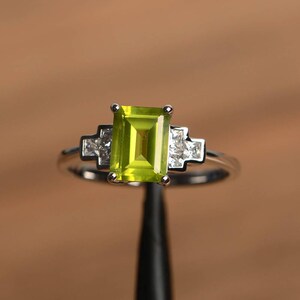 natural peridot ring peridot anniversary ring August birthstone emerald cut green gemstone sterling silver
