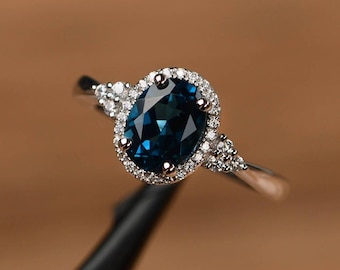 London blue topaz wedding ring oval halo engagement rings solid sterling silver November birthstone