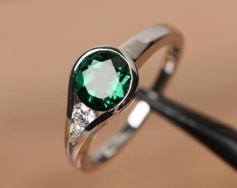 emerald engagement ring round cut promise ring May birthstone ring sterling silver ring gemstone lab emerald bezel setting