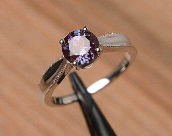 solitaire alexandrite ring sterling silver round cut