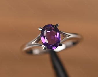 simple amethyst ring sterling silver oval cut split shank promise ring February birthstone ring