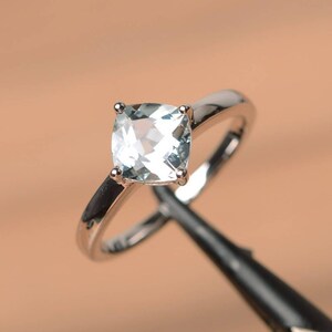 natural aquamarine ring promise ring blue gemstone March birthstone sterling silver ring solitaire ring