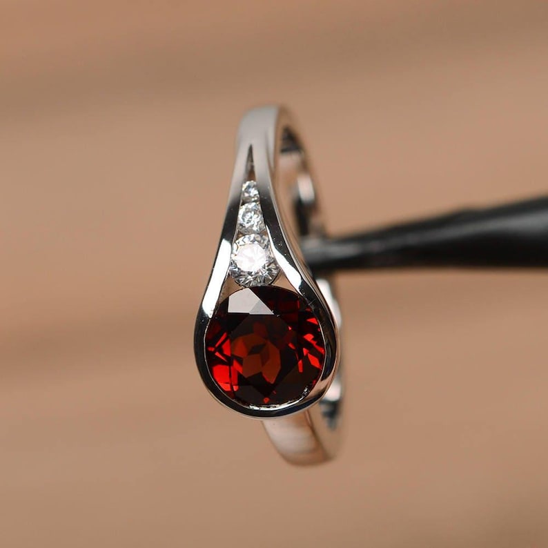 red garnet ring round cut engagement rings for her gemstone ring January birthstone ring silver image 2