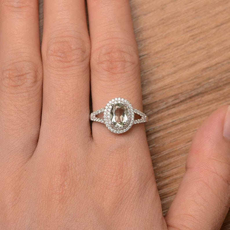 halo natural green amethyst ring anniversary ring sterling silver ring oval cut gemstone image 4