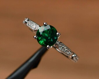 Anillo de esmeralda de laboratorio con corte redondo, anillo de compromiso de plata esterlina, piedra preciosa verde, anillo con piedra de nacimiento de mayo.
