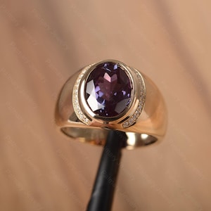 14k solid yellow gold ring for men alexandrite ring oval cut color changing gemstone June birthstone