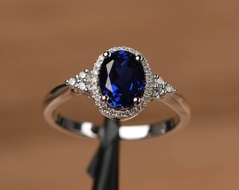 oval cut sapphire wedding ring solid sterling silver delicate September birthstone ring