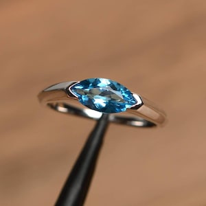 Swiss blue topaz minimalist ring marquise cut east west ring sterling silver November birthstone