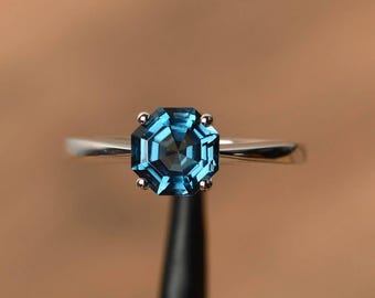real London blue topaz solitaire promise ring sterling silver octagon engagement ring November birthstone