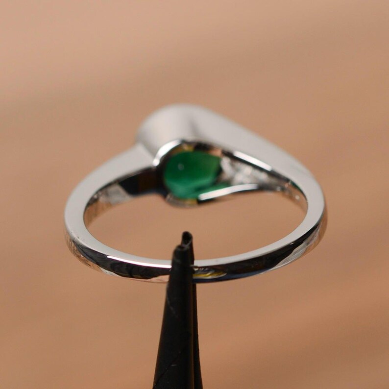 emerald engagement ring round cut promise ring May birthstone ring sterling silver ring gemstone lab emerald bezel setting image 3