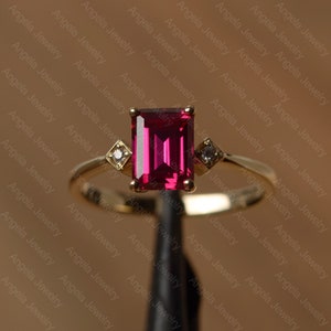 lab ruby ring emerald cut gemstone ring July birthstone ring yellow gold ring for her