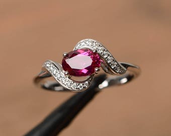 anillo de boda rubí rojo anillo rubí julio piedra de nacimiento ovalada corte rojo piedra preciosa de plata de primera ley