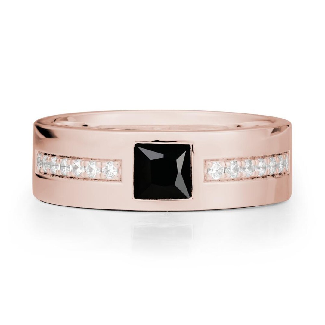 Men's Wide Band Square Black Spinel Ring, Black Stone Wedding Band