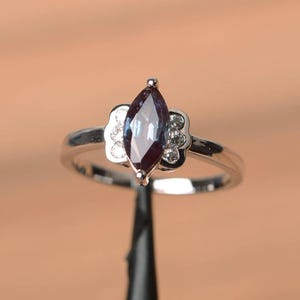 alexandrite ring June birthstone marquise cut gemstone color changing gems sterling silver engagement ring