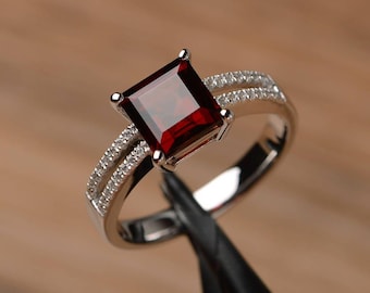garnet ring square cut January birthstone ring sterling silver engagement ring for women