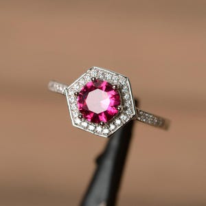 lab ruby ring octagon gemstone ring sterling silver July birthstone ring