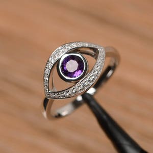natural amethyst promise ring sterling silver evil eye ring round cut February birthstone