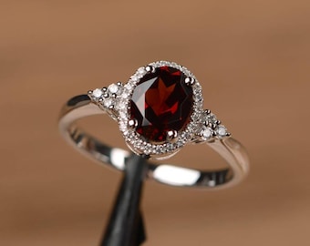 genuine natural garnet ring oval cut wedding ring solid sterling silver January birthstone