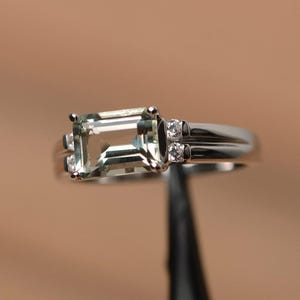 green amethyst ring sterling silver ring emerald cut engagement ring