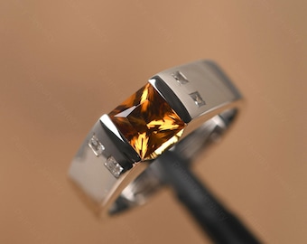 minimalist citrine ring for men sterling silver princess cut wedding ring November birthstone ring