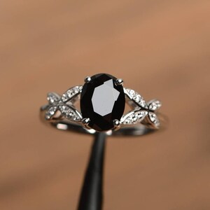 natural black spinel ring oval cut black gemstone sterling silver wedding ring