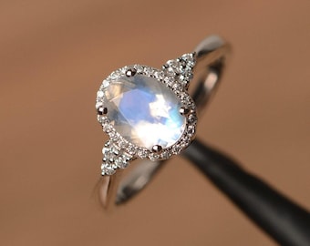 natural moonstone ring oval cut halo engagement ring for women sterling silver June birthstone ring