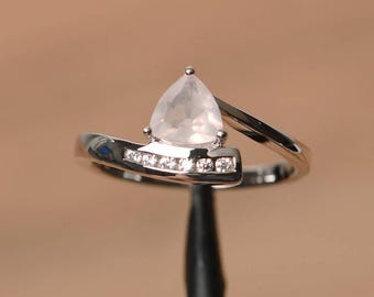 natural pink quartz ring wedding ring trillion cut pink gemstone sterling silver ring anniversary gifts
