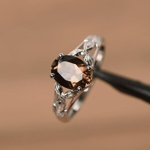 genuine natural smoky quartz ring anniversary engagement ring oval cut sterling silver ring gemstone ring