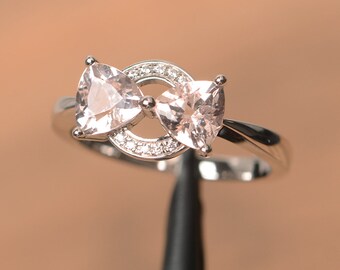 genuine natural pink morganite ring engagement ring trillion cut sterling silver ring gemstone ring